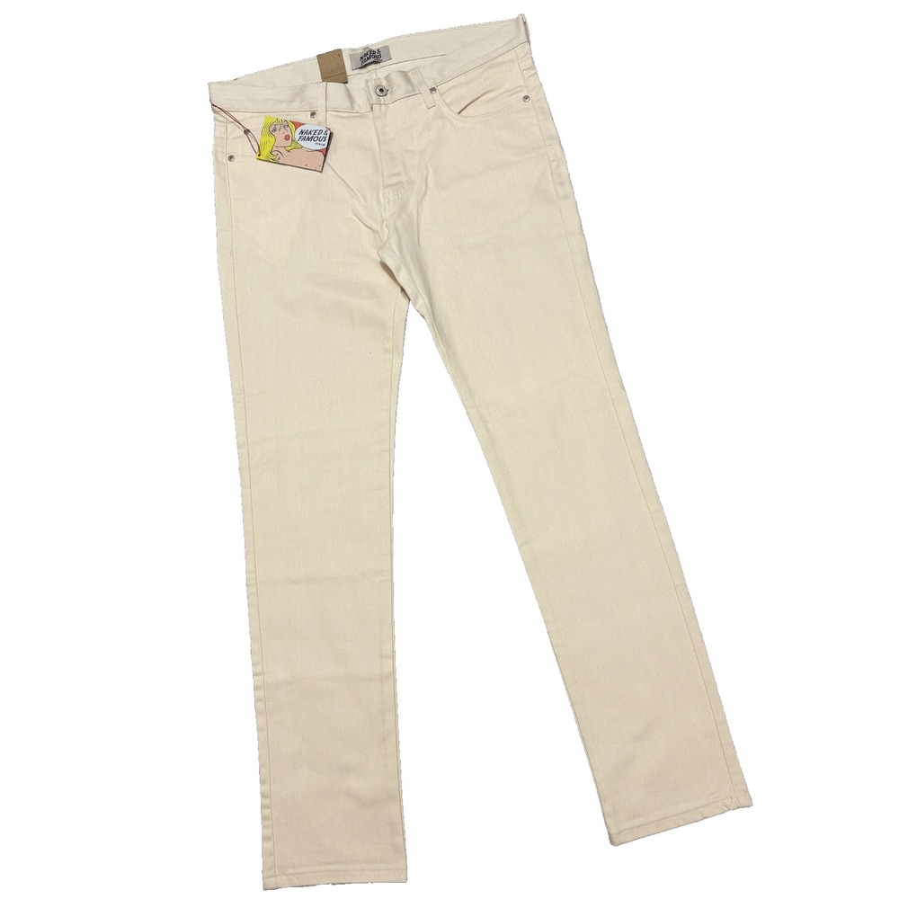 NWT Naked Famous Denim Super Guy Natural Seed Stretch Off White Beige Men sz 36